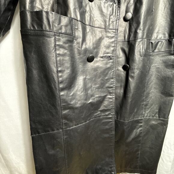 Vintage Long Black Leather Coat Women's Size L Double Breasted Patchwork Style - Picture 5 of 11